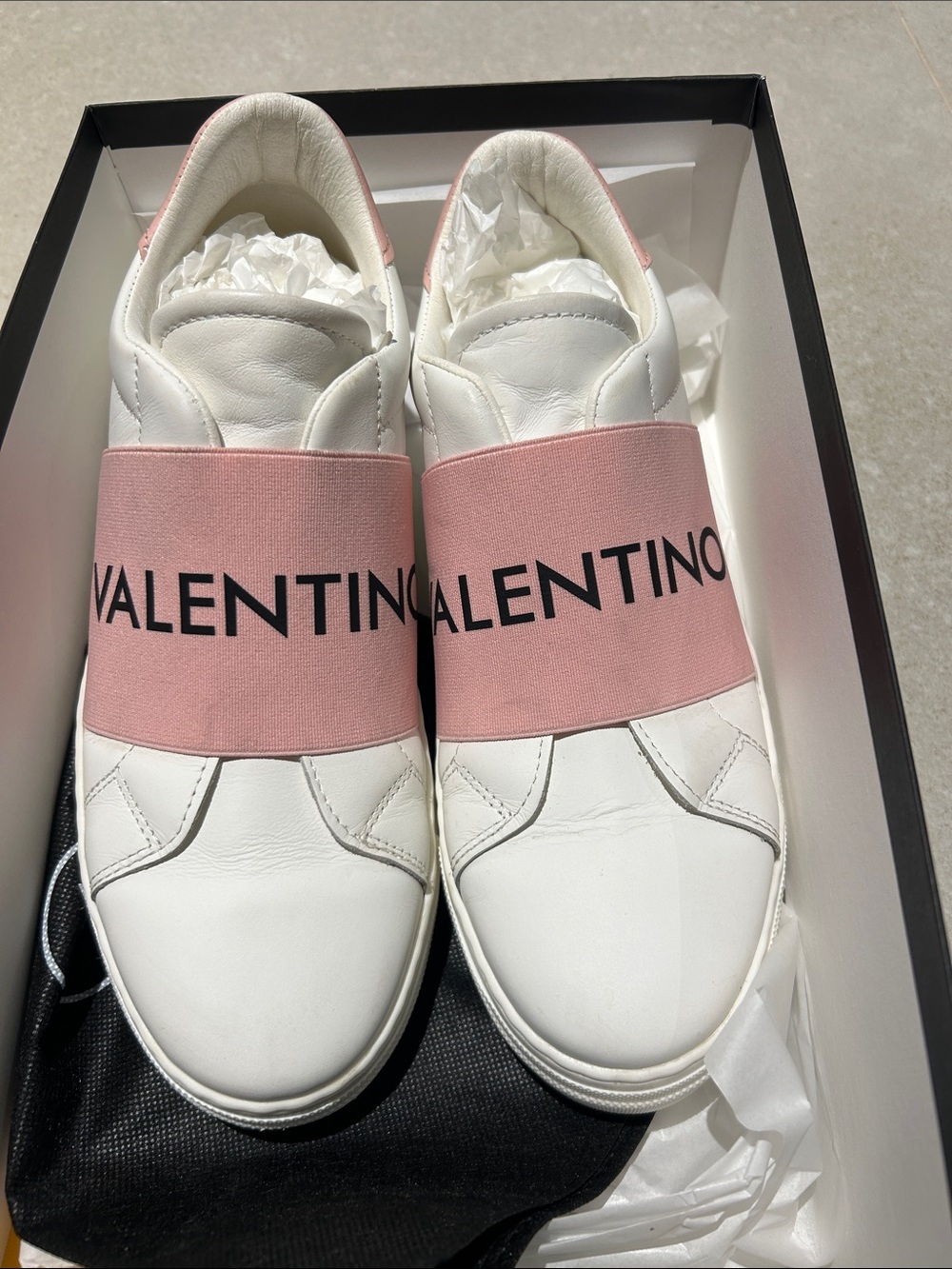 Valentino White Leather Slip-On Sneakers with Pink Logo Band